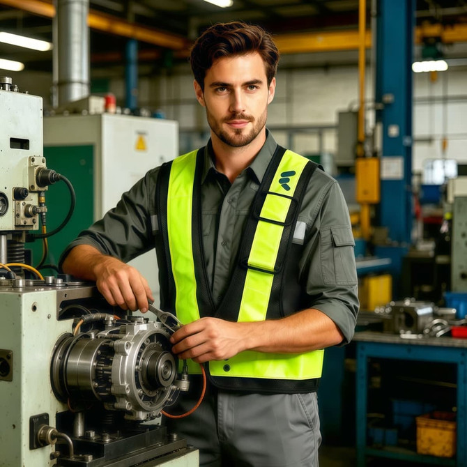 A reflective safety vest in bright yellow with adjustable straps, worn by a man in a workshop setting.