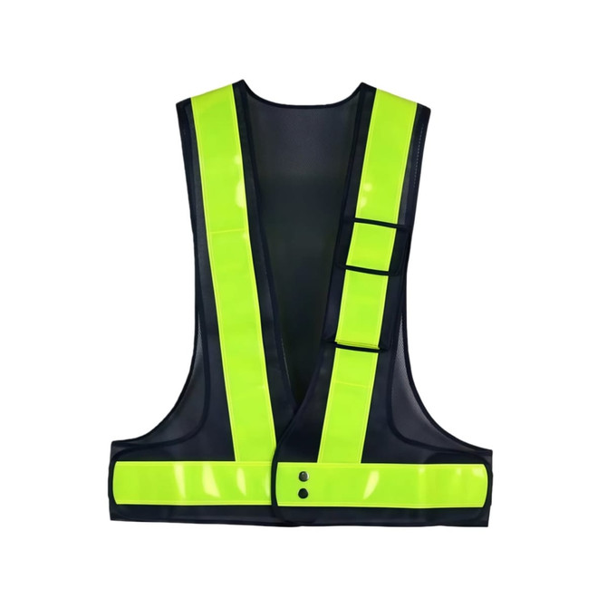 A reflective safety vest in bright yellow with black accents and an adjustable design, featuring a pocket.