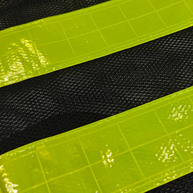 A close-up of a gourd-shaped hi-vis reflective safety vest with black mesh and bright yellow reflective strips.