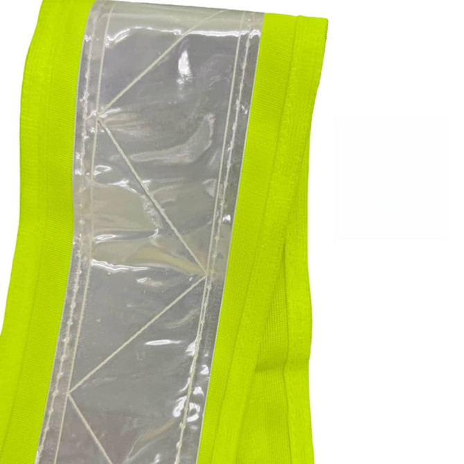 A bright yellow reflective safety vest featuring a transparent stripe, designed for visibility and adjustment.