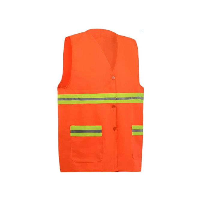 A high-visibility orange button-down safety vest with reflective yellow and grey stripes and front pockets.