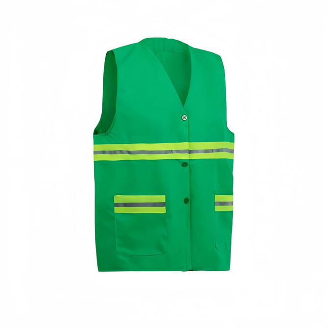 A green reflective button-down safety vest featuring two horizontal reflective stripes and front pockets.