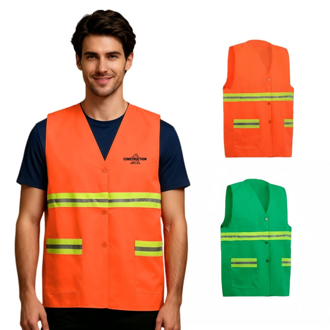 Hi-Vis reflective button-down safety vests in orange and green, featuring pockets and reflective stripes.