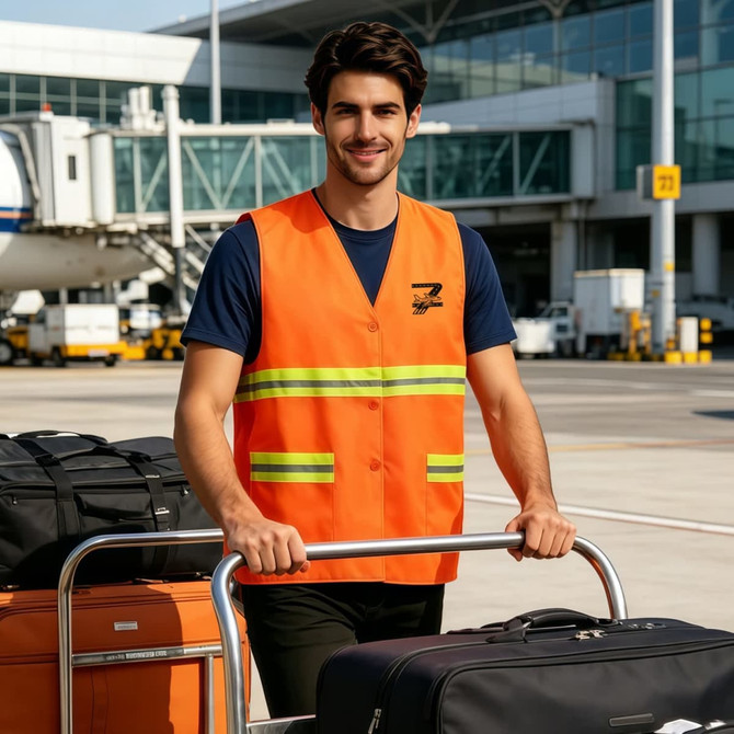 A bright orange Hi-Vis reflective button-down safety vest with pockets, worn by a man at an airport.