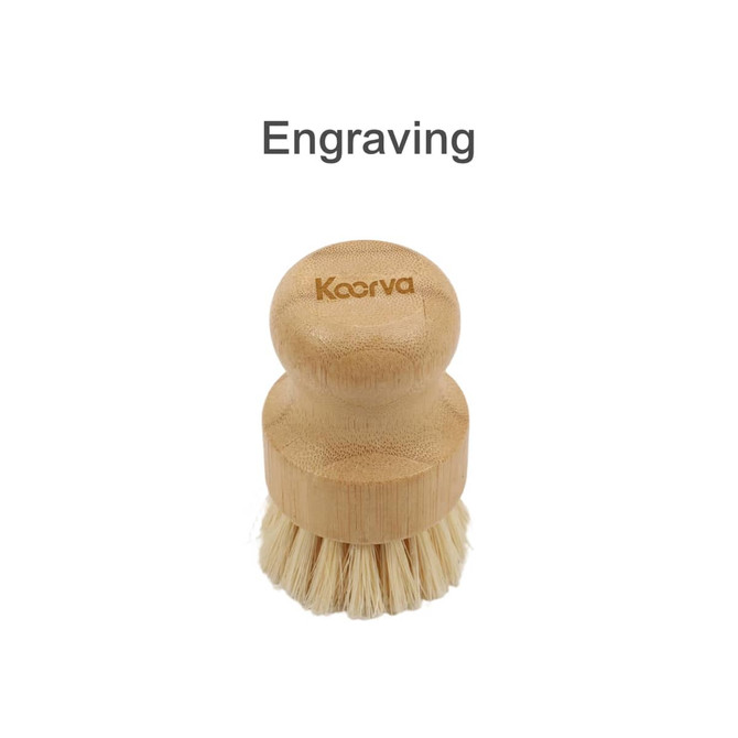 A bamboo dish brush with a rounded wooden handle and natural bristles, featuring a branding logo.