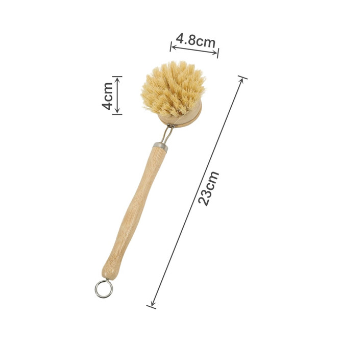 A long-handled wooden cleaning scrubber with a natural bristle head, measuring 23 cm in length.