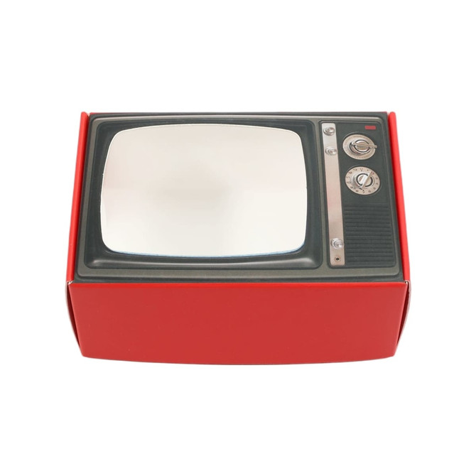 A retro TV-style gift box in red with a black television design and a mirror in the centre.