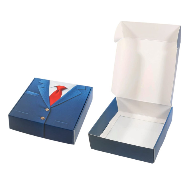 A custom flip-top gift box in blue with a suit design and a white interior, featuring a square window.