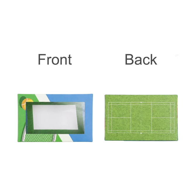 A custom gift box featuring a windowed removable lid, decorated in blue and green with a sports theme.