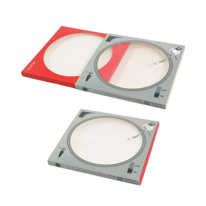 A custom CD-style gift box with a red outer cover and grey inner design resembling a turntable.