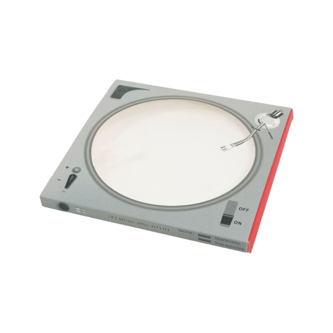 A custom CD-style gift box featuring a design resembling a turntable in grey and red. Includes a logo.