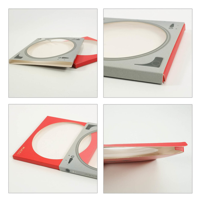 A custom CD-style gift box in red and grey with a clear circular window on the front.