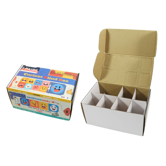 A colourful custom multi-compartment blind box in a sturdy cardboard design, featuring multiple sections for storage.