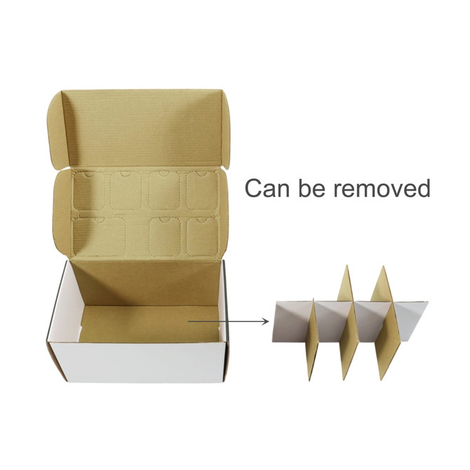 A custom multi-compartment blind box in brown and white with removable dividers for organisation. The box is open to show its interior.