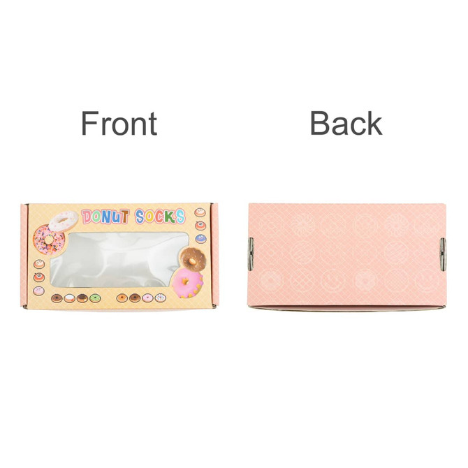 A medium custom gift box in pastel colours, featuring a rectangular window and donut graphics on the front.