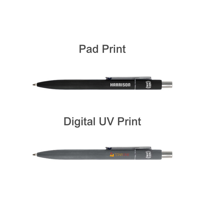 A black and grey NFC metal ballpoint pen with a logo, displayed with different print finishes above and below.
