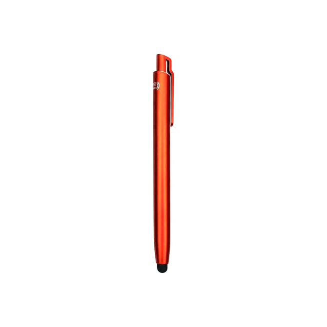 A sleek, red ballpoint pen with a smooth design and a touchscreen stylus tip, featuring a logo.
