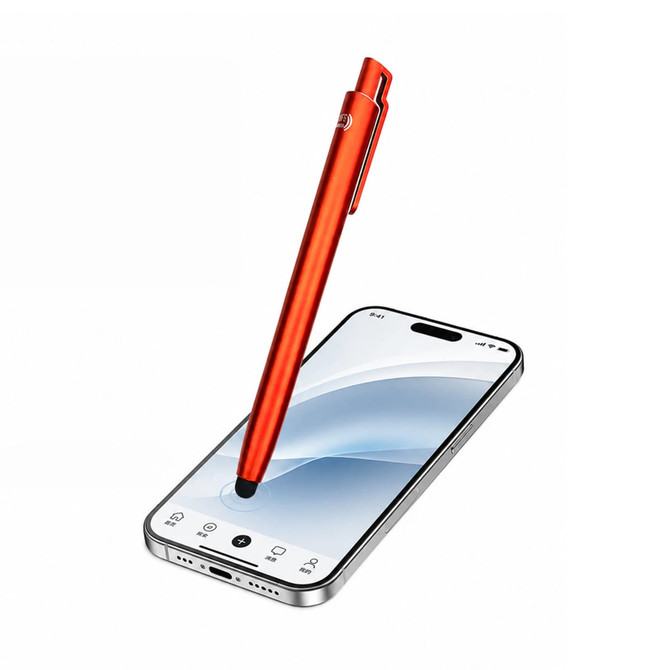 A red NFC touchscreen ballpoint pen placed on a smartphone screen, featuring a sleek design and a logo.