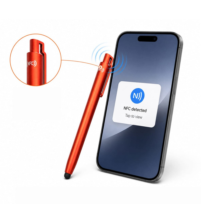 A sleek red ballpoint pen with NFC capabilities stands next to a smartphone displaying an NFC detection screen.