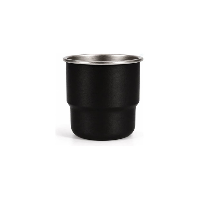 A black stainless steel camping mug with a round bottom and a metallic rim. It features a logo.