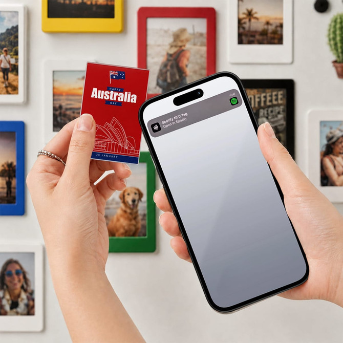 A hand holds a red NFC acrylic fridge magnet next to a smartphone. Various colourful magnets adorn a wall.