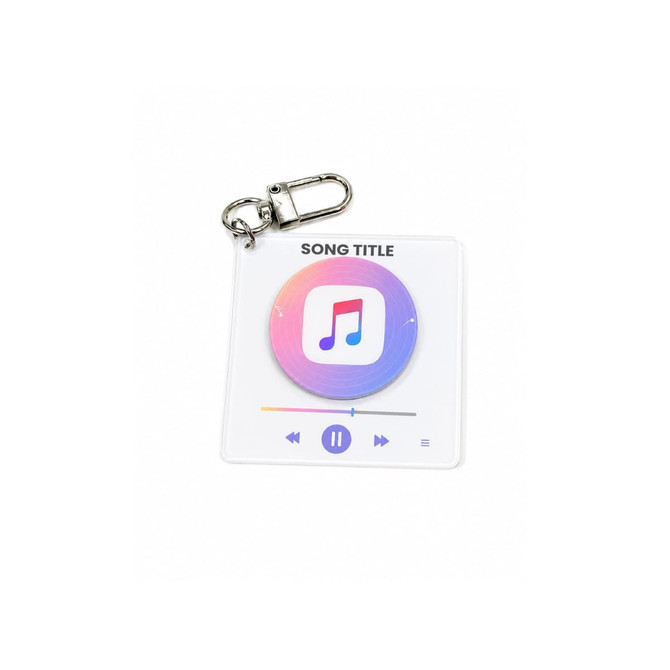 A transparent acrylic keychain featuring a colourful music note design with a silver clasp attachment.
