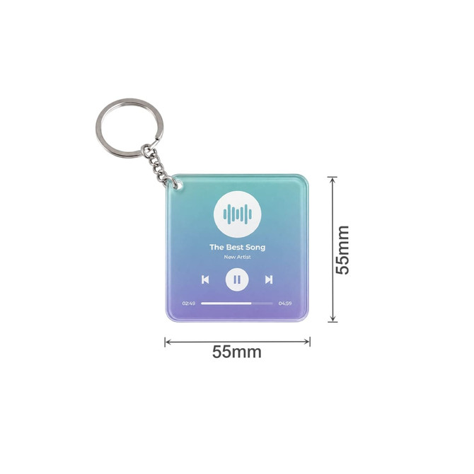 A square acrylic keychain featuring a gradient design in blue and purple, with a logo and playback controls.