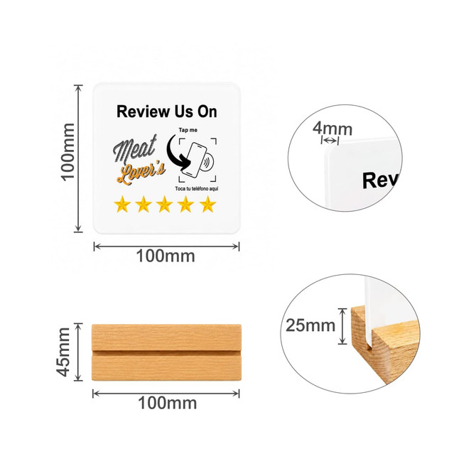 A square acrylic menu in white with a wooden stand, measuring 100mm by 100mm, features a logo and decorative elements.
