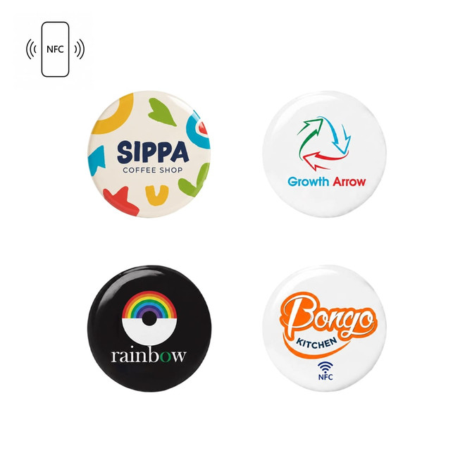 Four round epoxy stickers featuring vibrant designs, including a colourful logo, on a white and black background. Each has a logo.