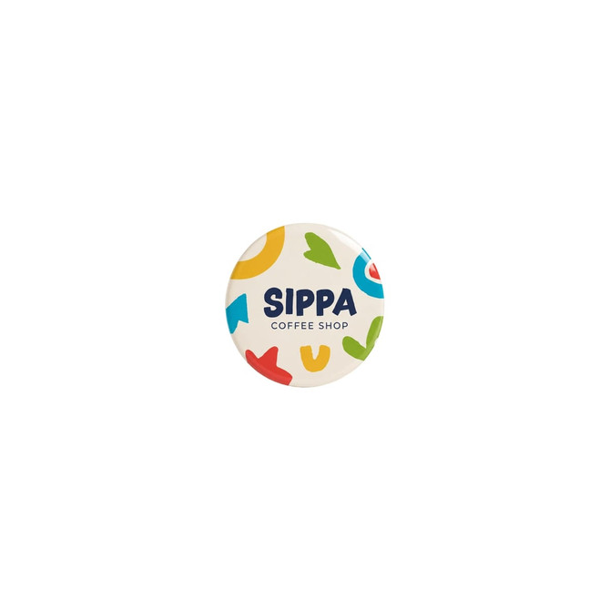 A round sticker featuring a colourful design with blues, reds, yellows, and greens, displaying "SIPPA COFFEE SHOP."