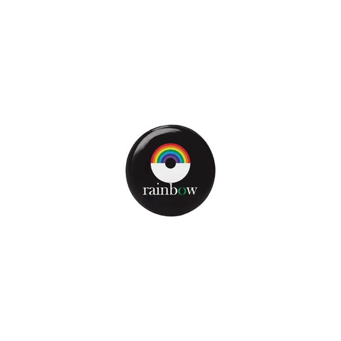 A round black sticker featuring a rainbow design above the word "rainbow" in white text.
