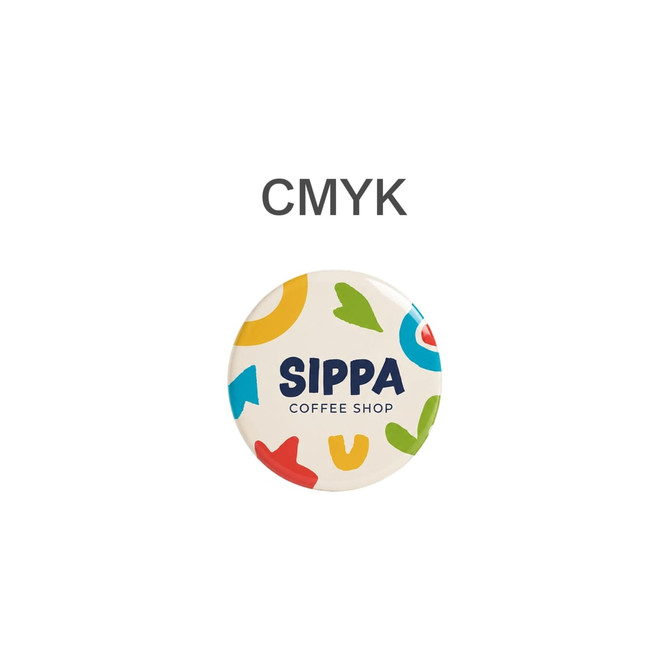 A round doming epoxy sticker with a colourful design and the text "SIPPA COFFEE SHOP". There is a logo present.