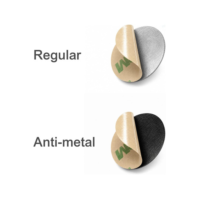 Two NFC doming epoxy stickers in circular shape: one with a silver finish and the other in black, featuring adhesive backing.