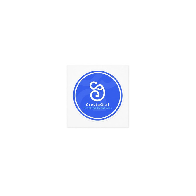 A circular blue sticker featuring a logo and text at the bottom, set against a white background.