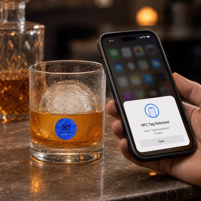 A hand holding a phone near a glass with an NFC tag sticker on it, featuring a blue circle on the bottom of the glass.