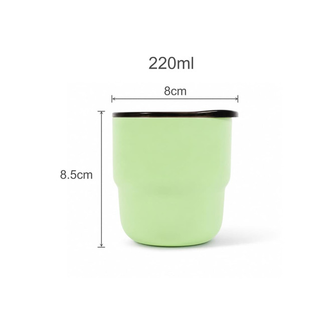 A green 220ml double wall stainless steel camping mug with a round bottom and a black lid. Dimensions are 8cm x 8.5cm.