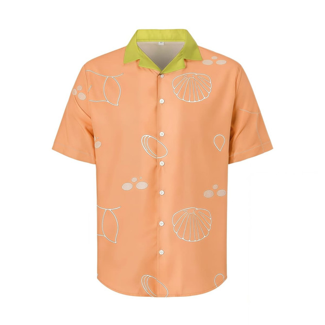 A men's orange polyester spandex Cuban collar shirt with white shell patterns and a green collar. Features a logo.