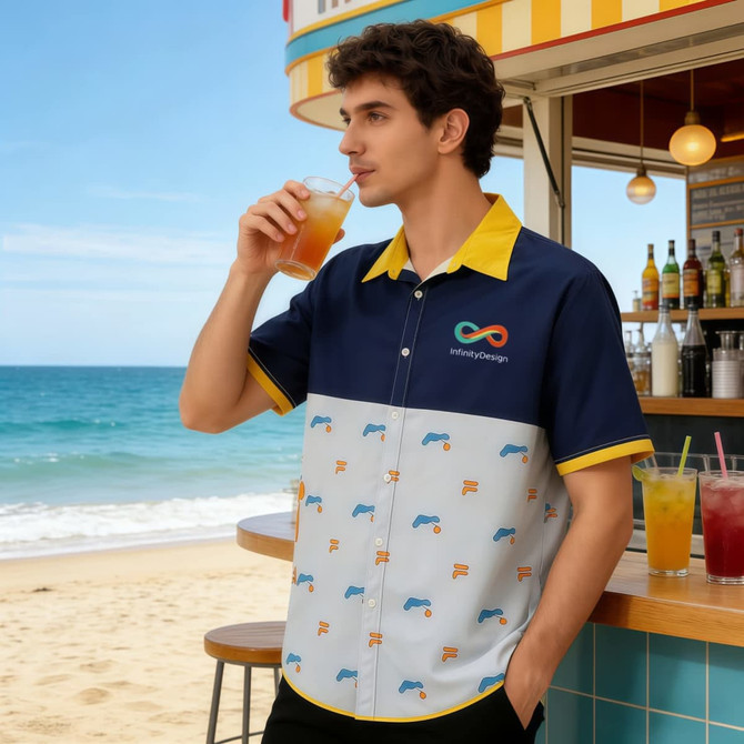 A man wearing a blue and yellow Hawaiian shirt with a patterned design stands by a beachside bar, holding a drink.