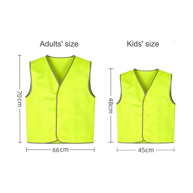 Hi-Vis reflective trim safety vests in bright yellow, available in adults' and kids' sizes. Each vest features a Velcro placket.