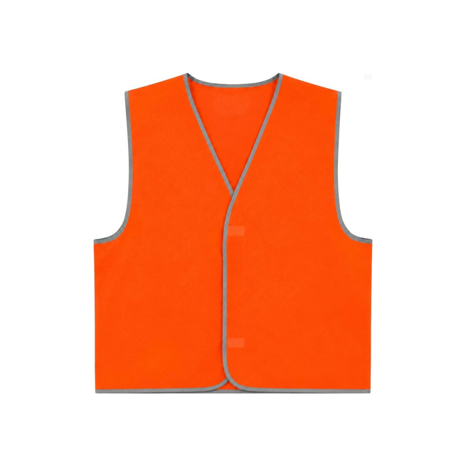 An orange safety vest with reflective trim and a Velcro placket, featuring no sleeves and a simple design.
