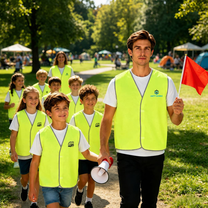 A group of children and an adult in bright yellow Hi-Vis reflective vests walking in a park.