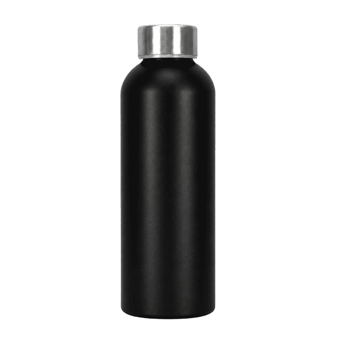 A drink bottle made from recycled aluminium, featuring a sleek black finish and a silver metal cap.