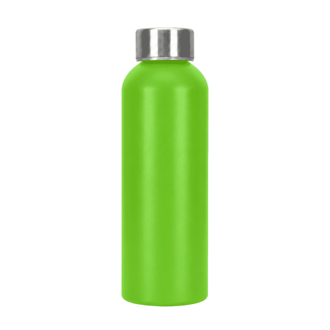 A drink bottle in vibrant green, made from recycled aluminium with a stainless steel lid and features a logo.