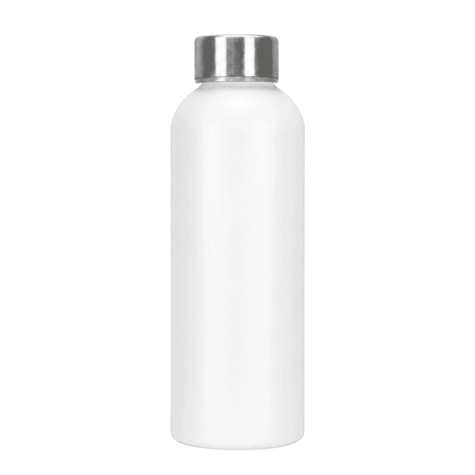 A drink bottle made from recycled aluminium, featuring a sleek white design and a metal cap.