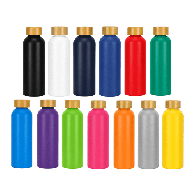 A drink bottle collection featuring various colours, including black, white, navy, red, green, and more, with wooden lids.