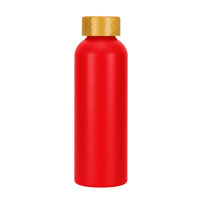 A drink bottle in bright red with a gold cap. Features a logo on the surface.
