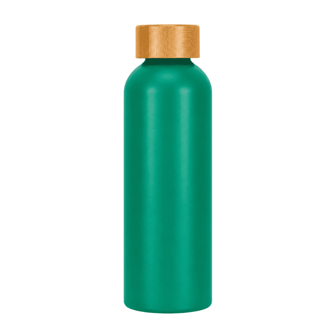 A drink bottle in teal with a wooden cap. The bottle has a sleek, smooth finish and features a logo.