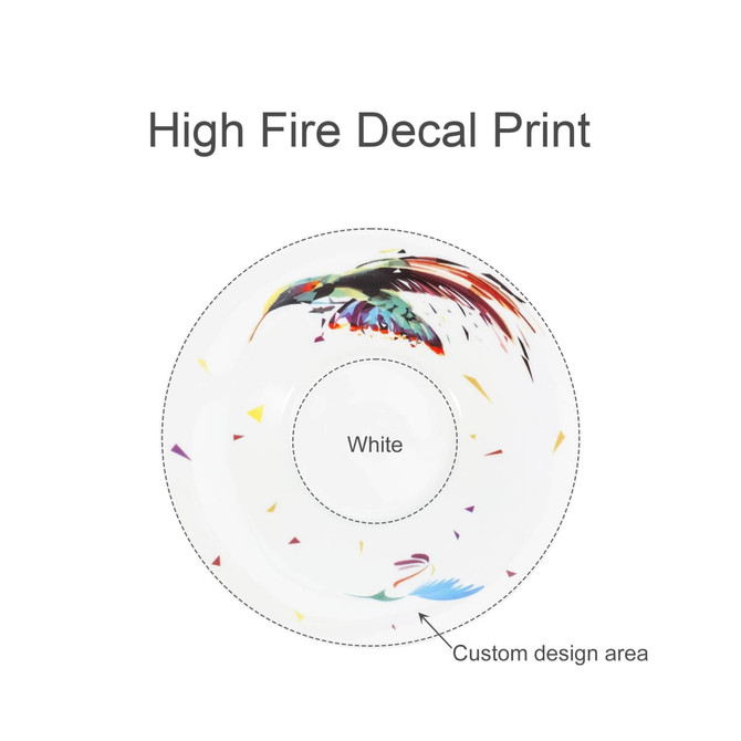 A decorative ceramic plate featuring a high-fire decal print in vibrant colours on a white background.