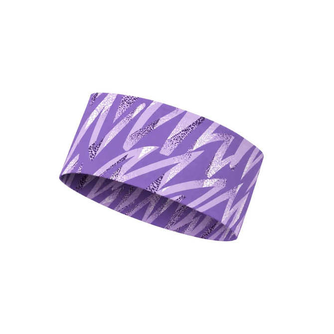 A wide headband in purple with a zigzag pattern in silver and lavender hues, featuring a logo.
