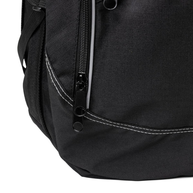 A black backpack featuring a zip closure and contrasting white stitching. It has a branding logo on the side.